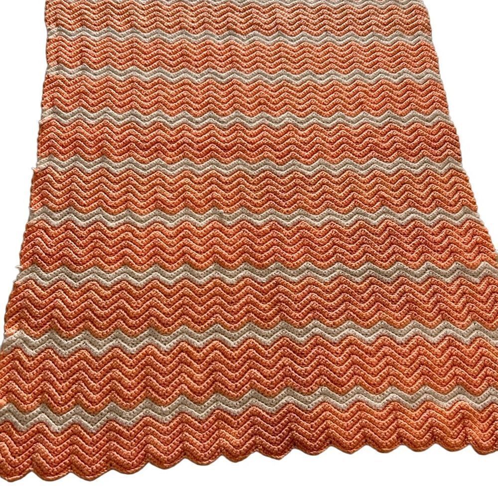 Orange and White Crochet Lap Blanket Afghan - Picture 3 of 4